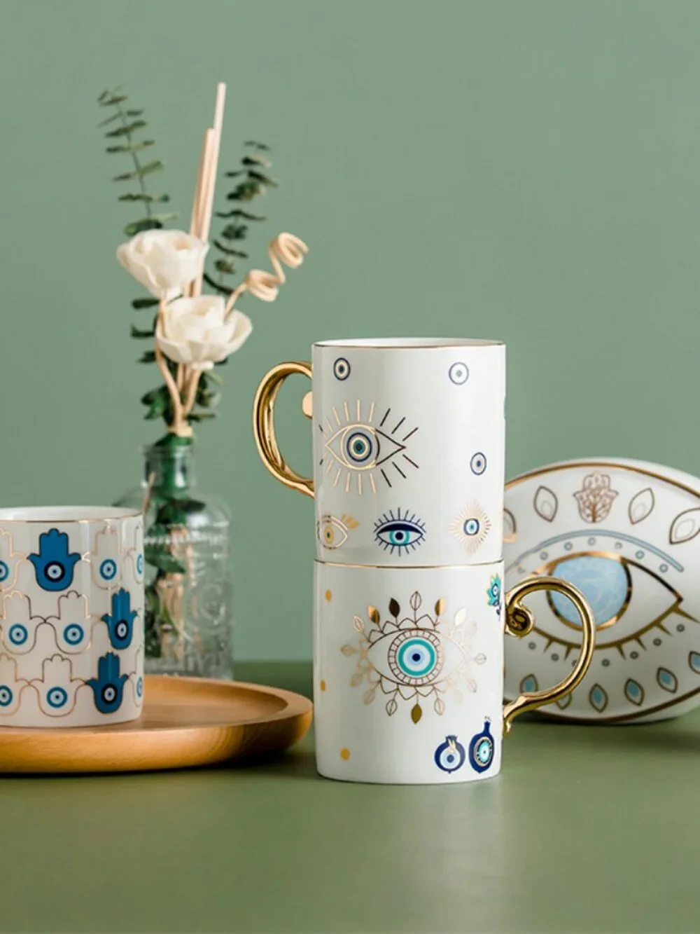 Evil Eye Ceramic Coffee Mug with Gold Handle, Nazar Blue Eye Mug, Hamsa Mug